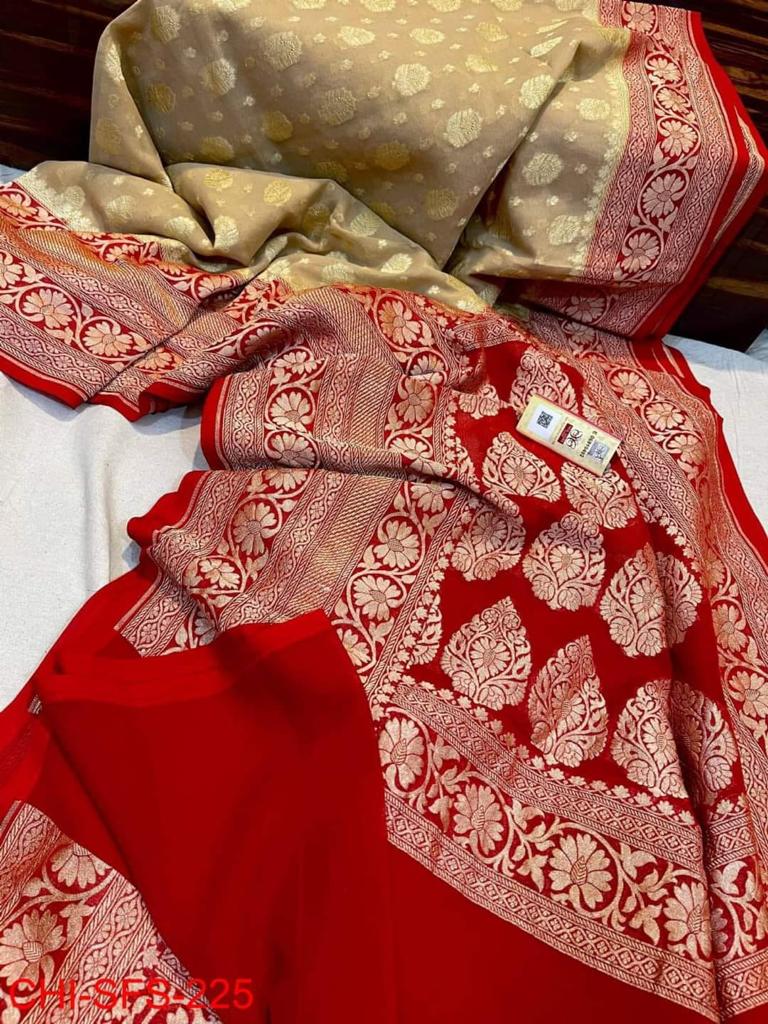 Gold Cream-Red Jaal Banarasi Meenakari Silk Resham Saree