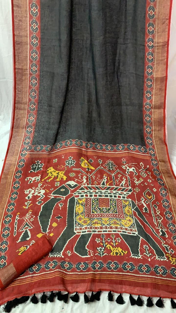 Grey Linen Saree With Patola Print