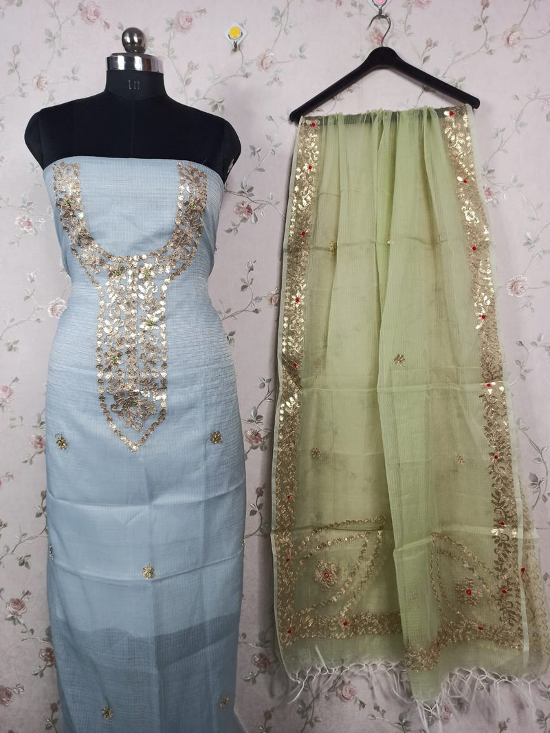 Beautiful Kota Doria Embroidery Work Suit In greykota doria gota patti suits