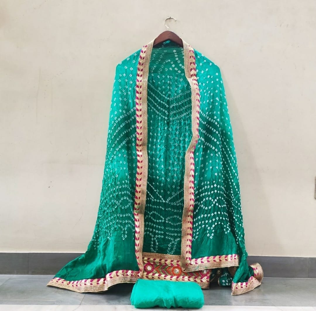 Sea Green Bandhej Silk Gota Work Suit,Latest Bandhej Hand Gota Patti Suit Online,Shop Bandhani Gota Patti Suit Set At Best Rates