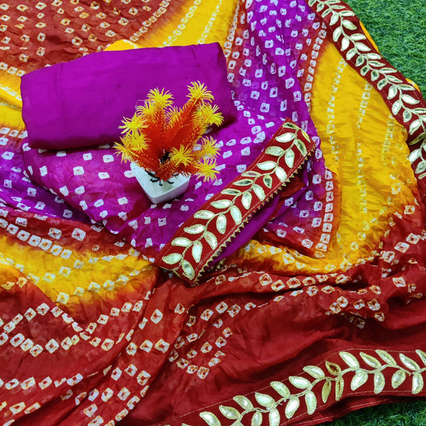 Yellow And Pink Heavy Bandhani Suit With Gota Patti,Shop Bandhej Gota Patti Salwar Suit Online,Buy Bandhani Gota Patti Salwar Kameez At Best Rate