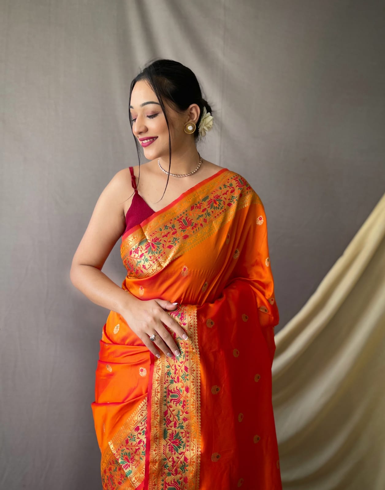 Party Wear Sarees : Yellow and red chinon silk ready to wear ...