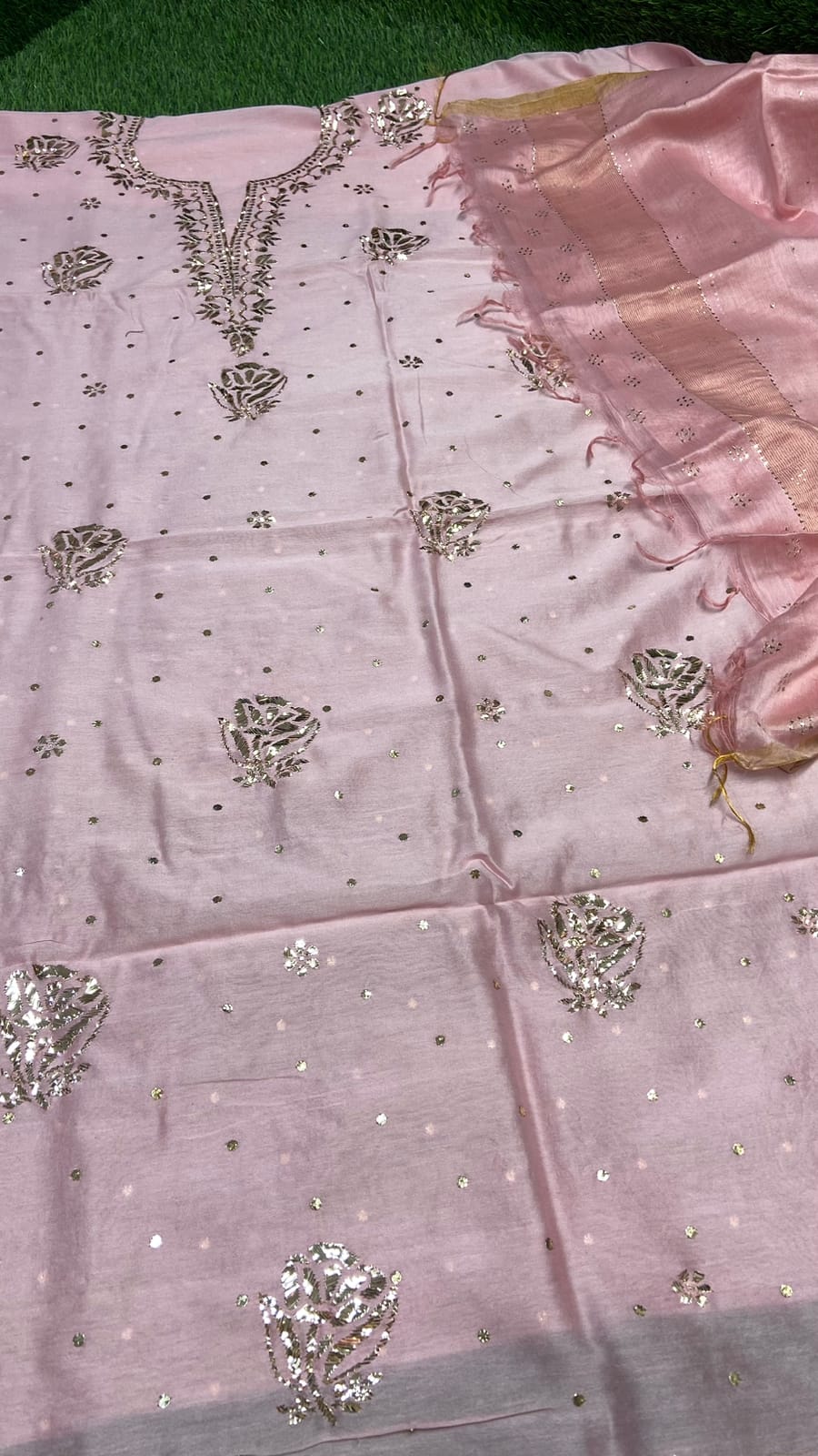 Baby Pink Chanderi Chikankari Silk Kurti And Dupatta