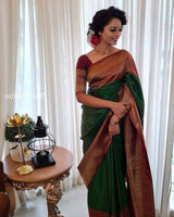 Green With Maroon Border Banarasi Soft Silk Saree With Blouse