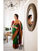 Green With Maroon Border Banarasi Soft Silk Saree With Blouse