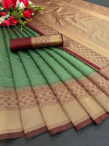 Green With Maroon Border Banarasi Soft Silk Saree With Blouse