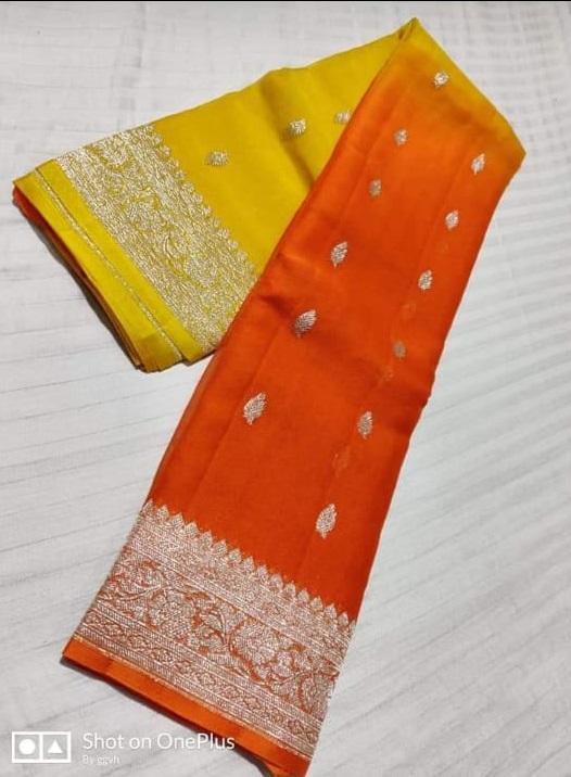 Banarasi Chiffon Shaded Khaddi Saree In YellowOrange,Traditional Sarees, Banarasi Saree, Meenakari Banarasi saree, Banarasi Khaddi Saree