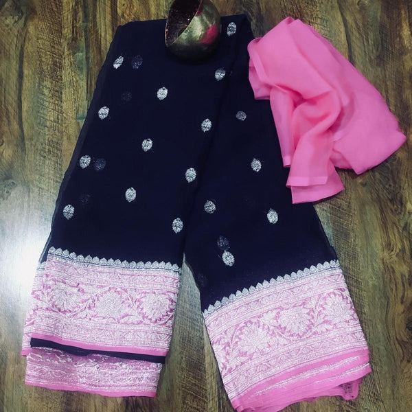 Banarasi Khaddi Georgette Saree in Blue And Pink,Wedding Saree, Indian Sarees, Online Sarees