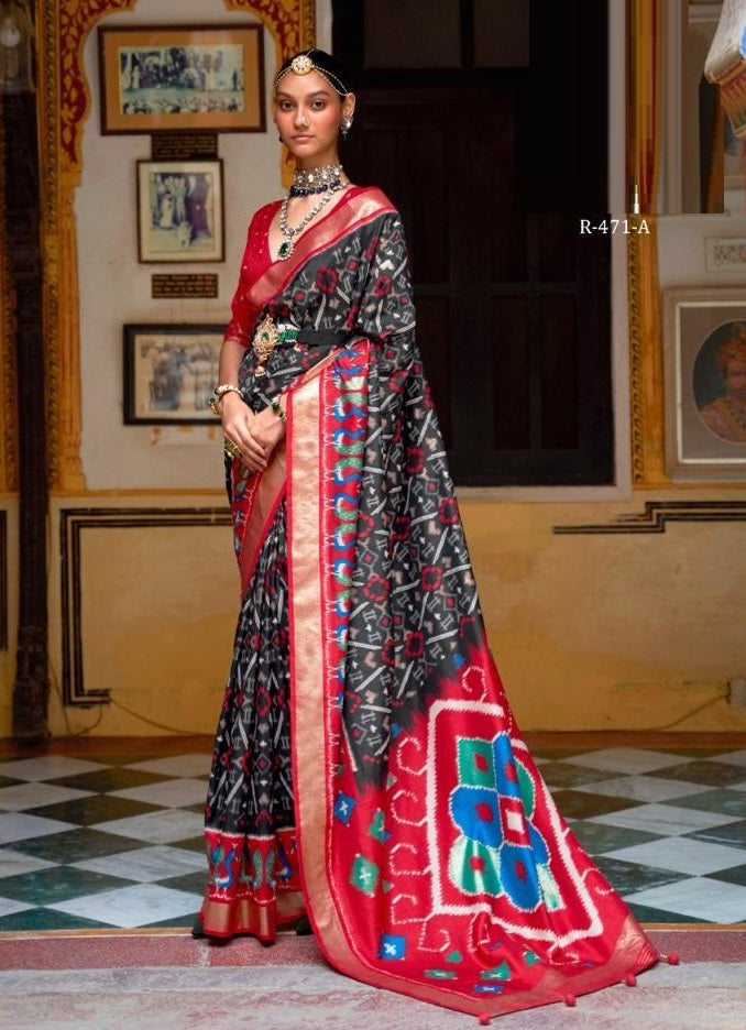 Black And Red Patola Silk Saree With Blouse