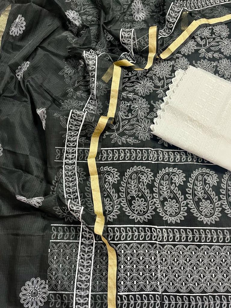 Black Embroided Cotton Kota Doria Suit Fabric With Dupatta