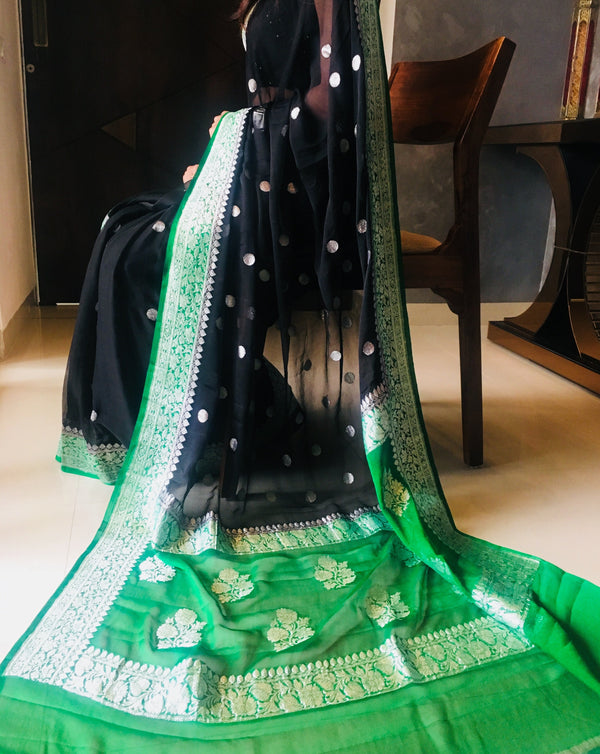 Black and Green Khaddi Chiffon Saree,Wedding Saree, Indian Sarees, Online Sarees