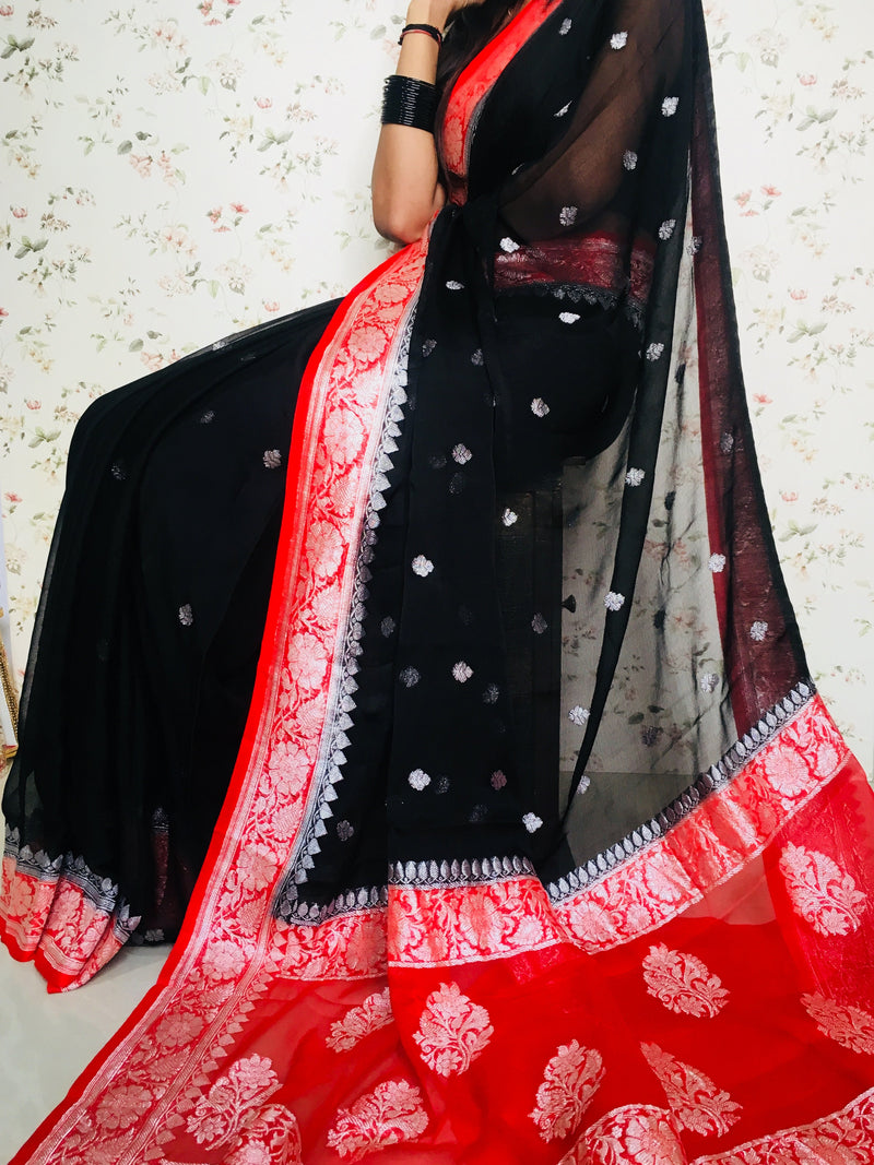 Black And Red Khaddi Chiffon Saree