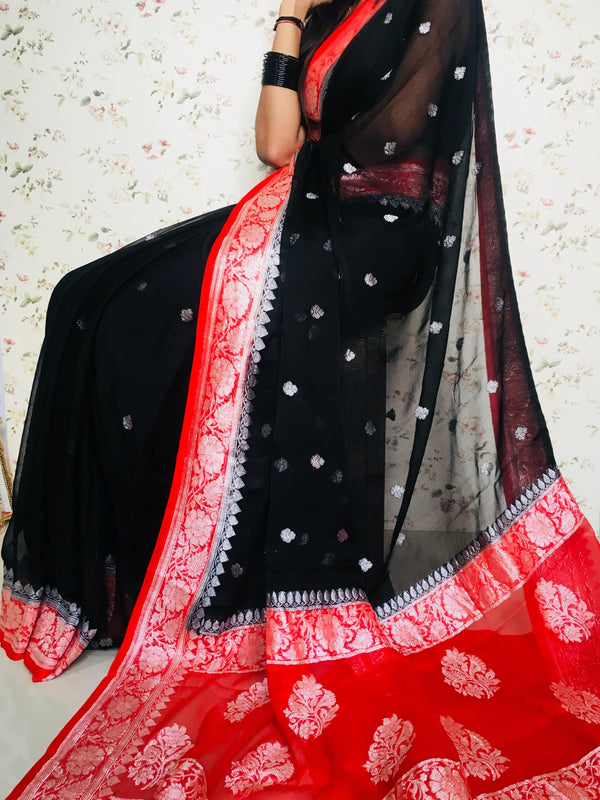 Black And Red Khaddi Chiffon Saree,Wedding Saree, Indian Sarees, Online Sarees