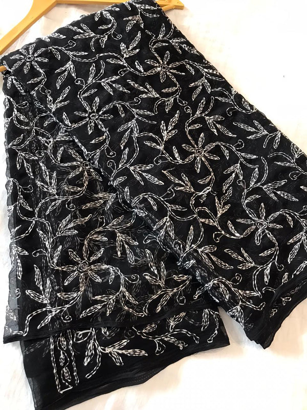 Black Lucknowi Tepechi Work Saree, Chikankari saree from lucknow, Chikankari saree online