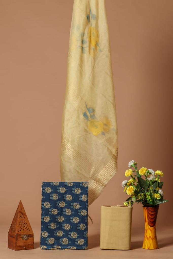 Blue Cotton Unstitched Suit Set