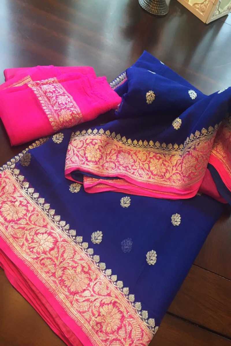 Unique Pink-Blue Banarasi Zari Khaddi Chiffon Saree
