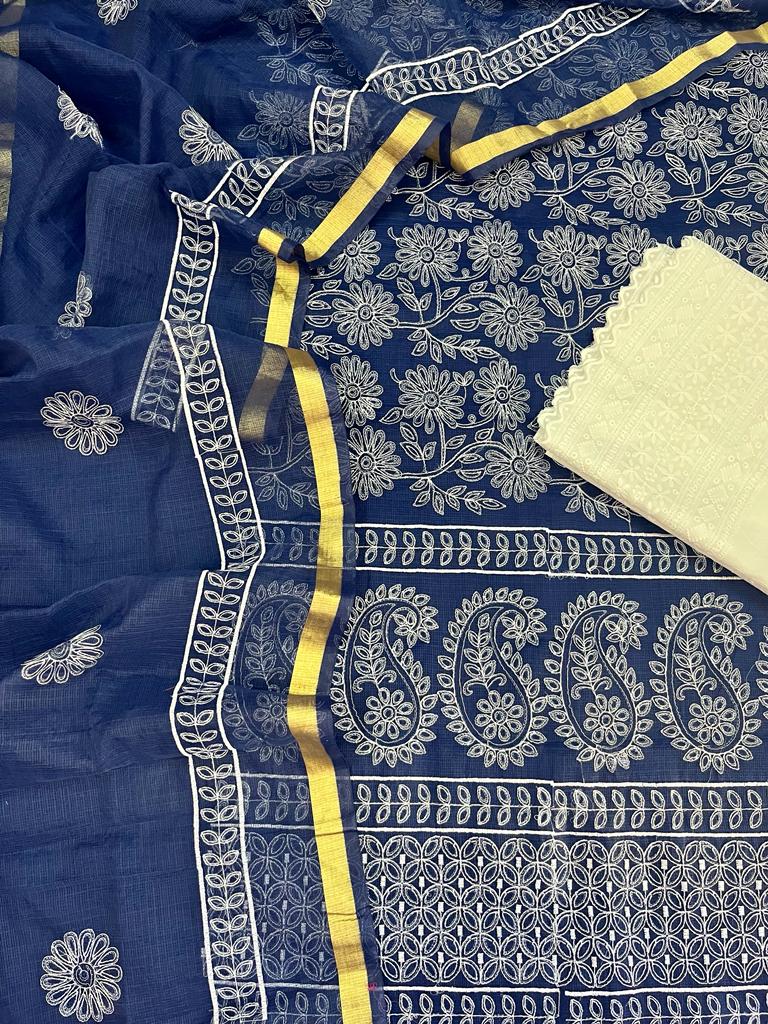 Blue Embroided Kota Doria Suit Cotton Fabric With Dupatta