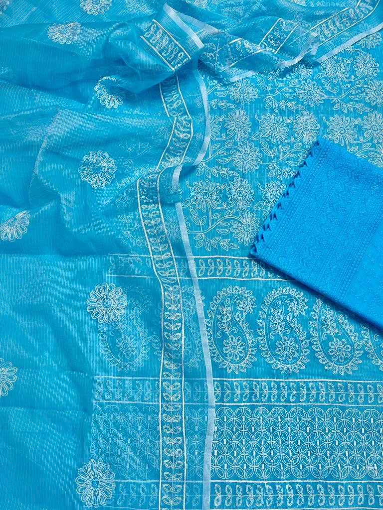 Blue Embroided Cotton Kota Doria Suit Fabric With Dupatta