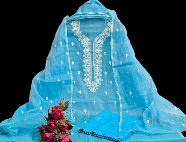 Blue Hand Embroided Kota Doria Suit Fabric With Dupatta