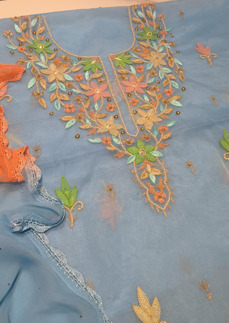 Blue Unstitched Organza Suit Set