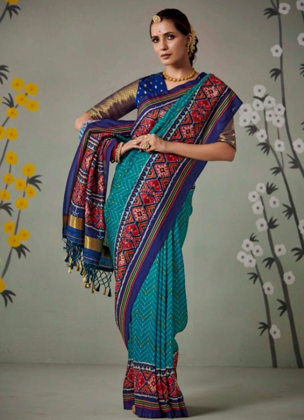 Blue Patan Patola Silk Saree With Blouse