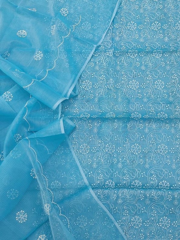 Blue Hand Embroided Cotton Kota Doria Suit With Dupatta