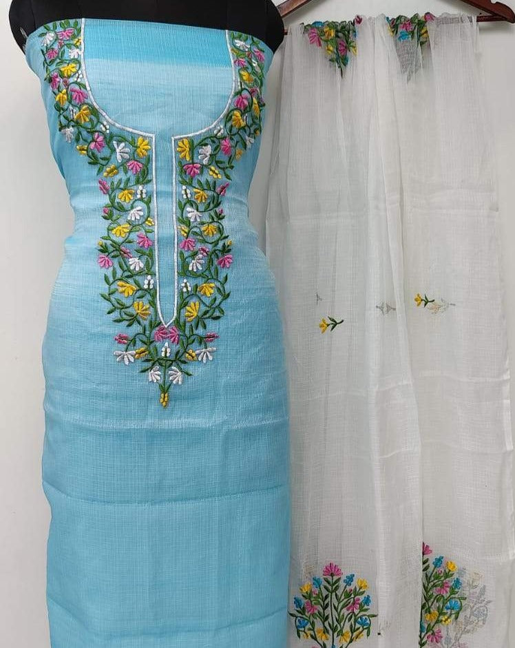 Blue And White Kota Doria Embroidered Suit,kota doria suits in jaipur