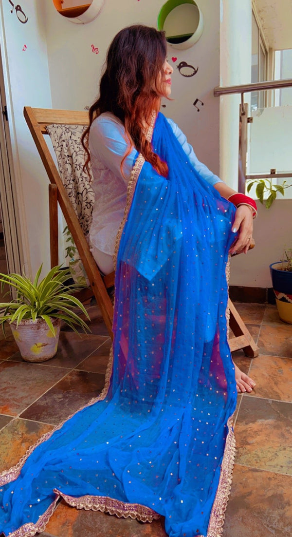 Blue Chiffon Dupatta, Traditional Dupatta , Gota Work , Online Dupatta