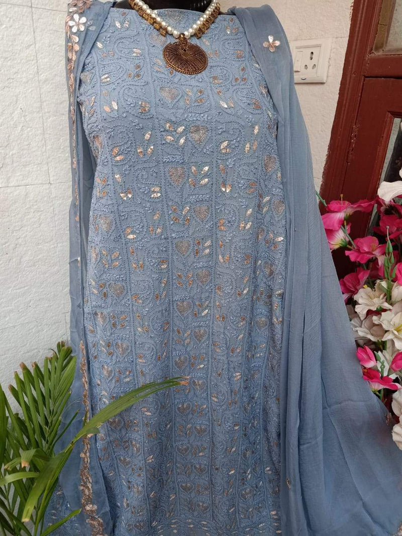 Grey Chikankari Gota Salwar Suit,Shop Lucknowi Dress,Buy  Chikan Suit Latest Design