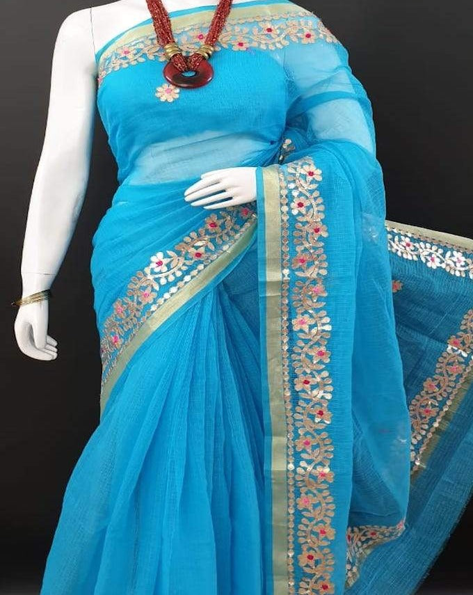 Blue Kota Doria Gota Patti Saree , Kota Doria Saree , Kota Sarees From Jaipur