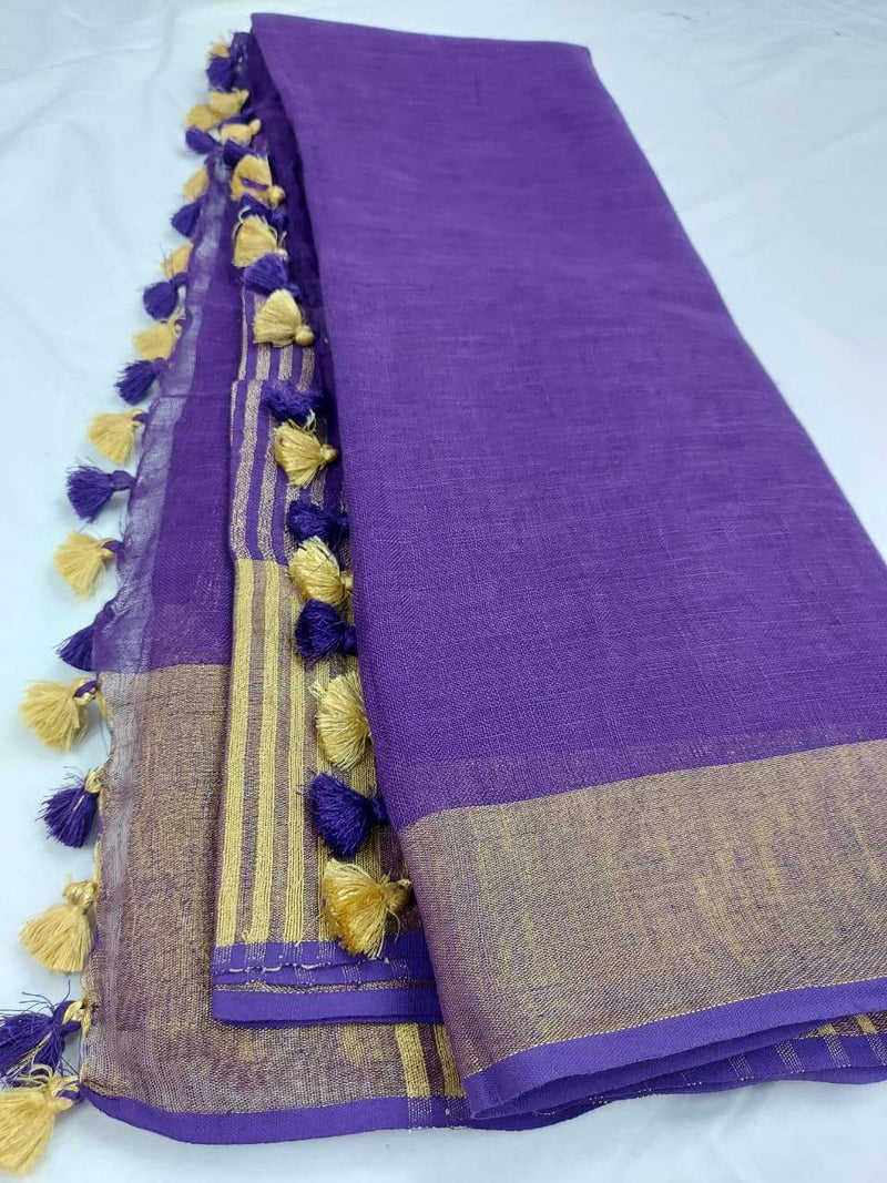 Blue Pure Linen Saree With Pompom,authentic linen saree, digital printed linen saree, line sarees online 