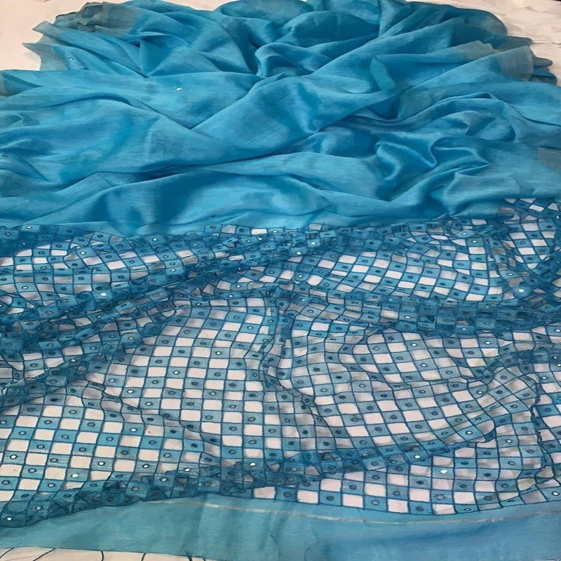 Blue Silk Linen Cutwork Saree ,Linen silk cutwork sarees, Linen sarees With Mirror Work
