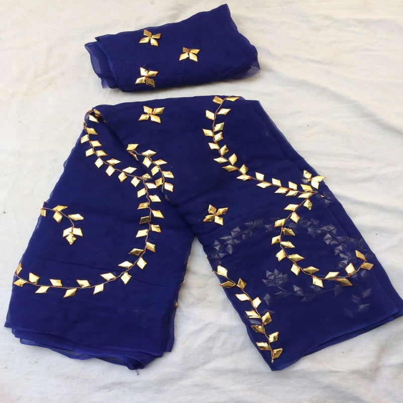Authentic Gota Patti Chiffon Saree, Blue Pure Chiffon Gota Patti Saree