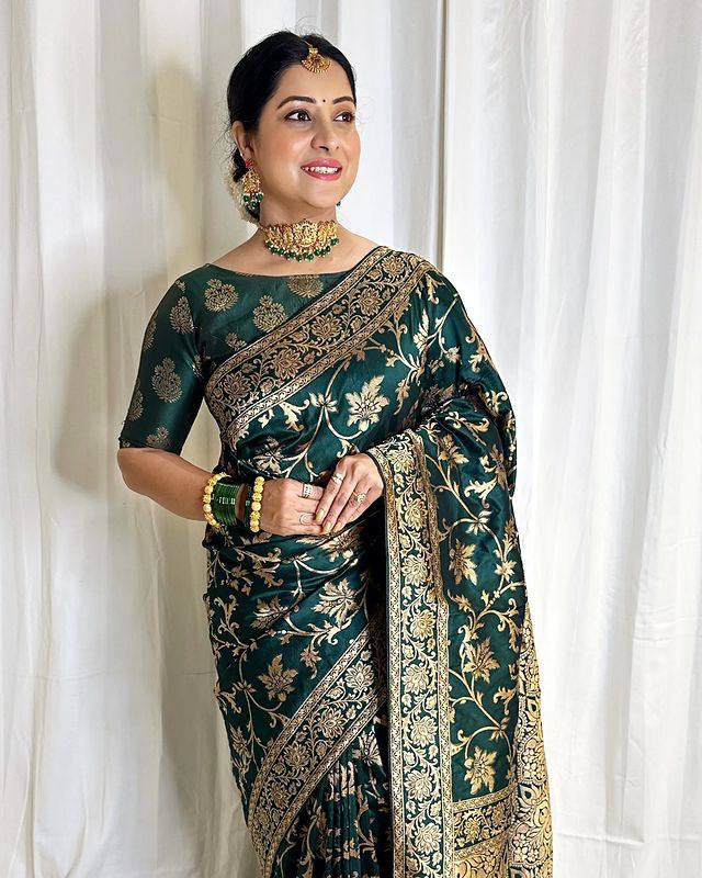 Buy Women's Traditional Designer Golden Work Super Soft Banarasi Silk Dark  Green Saree with Silk Unstiched Dark Green Blouse. at Amazon.in
