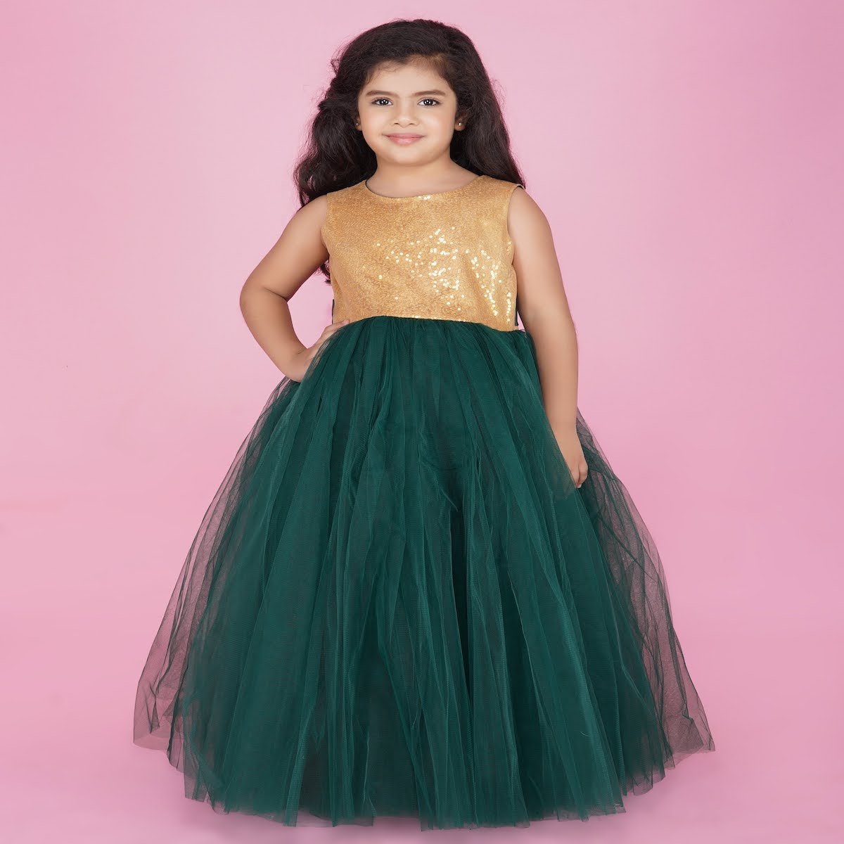 Bottle Green PartyWear Gown For Baby, Long Gown for Parties For Girls Bottle Green PartyWear Gown For Baby, Long Gown for Parties For Girls