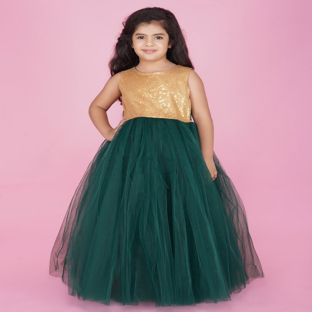 Bottle Green PartyWear Gown For Baby, Long Gown for Parties For Girls