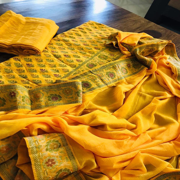 Bright Yellow Banarasi Salwar Suit For Durgapooja,Shop Banarasi Katan Silk Salwar Suit Online,Buy Banarasi Salwar Kameez At Best Rate