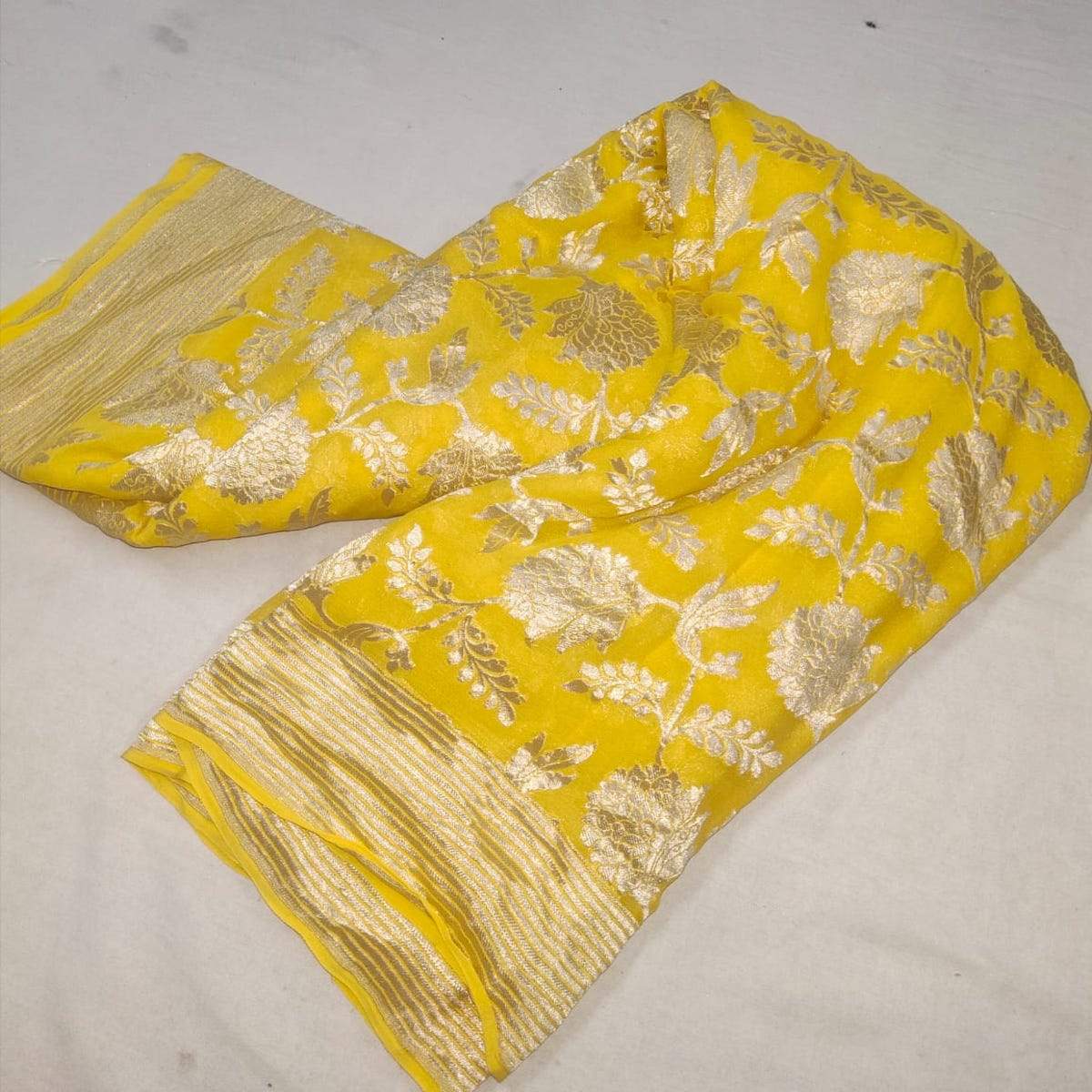 Bright Yellow Banarasi khaddi chiffon saree, Pure Khaddi Georgette Sarees, Pure banarasi saree online