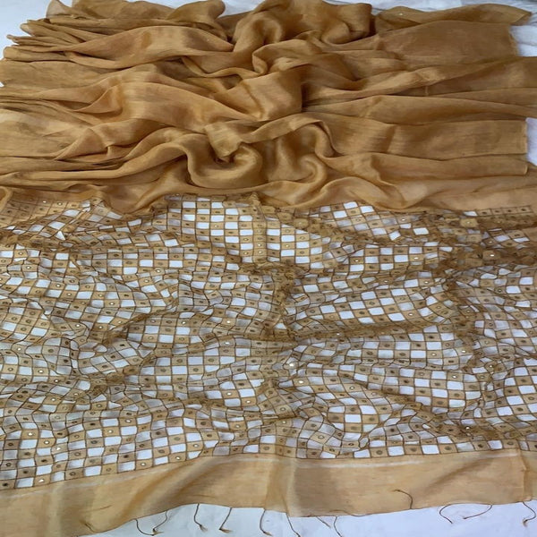 Brown Silk Linen Cutwork Saree ,Linen Sarees Online, Linen partywear Sarees Online