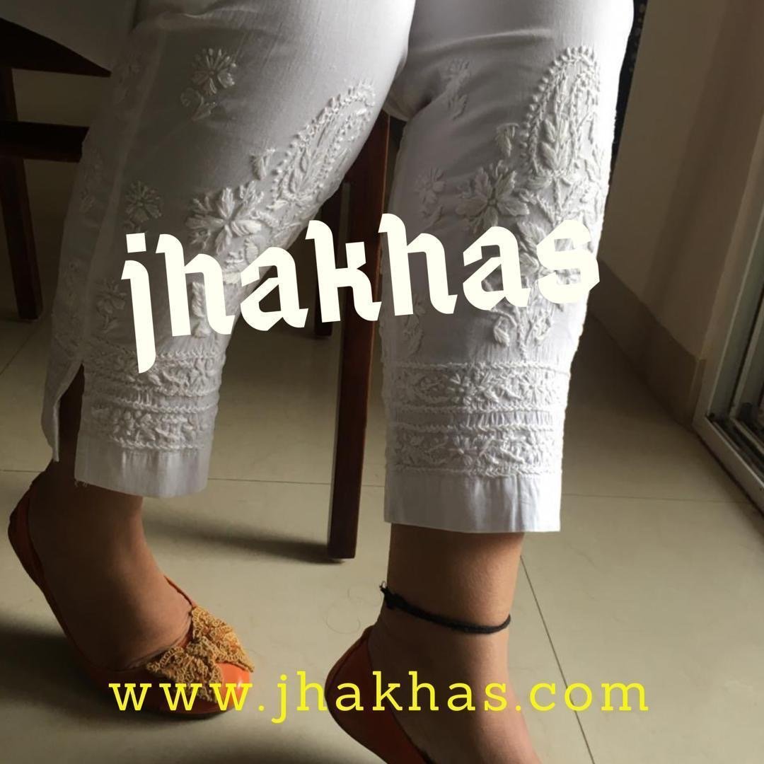 White chikankari strechable pant, Chikankari Pants Online, Strechable Pants Online, Bottom Wear Online