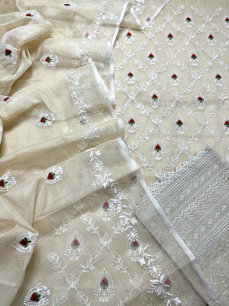 Cream Hand Embroided Kota Doria Suit Fabric With Dupatta