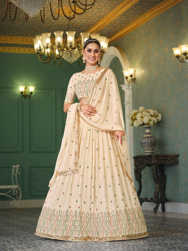 Cream Embroidery And Sequin Semi Stitched Lehenga