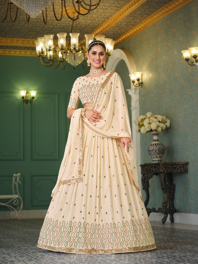 Cream Embroidery And Sequin Semi Stitched Lehenga