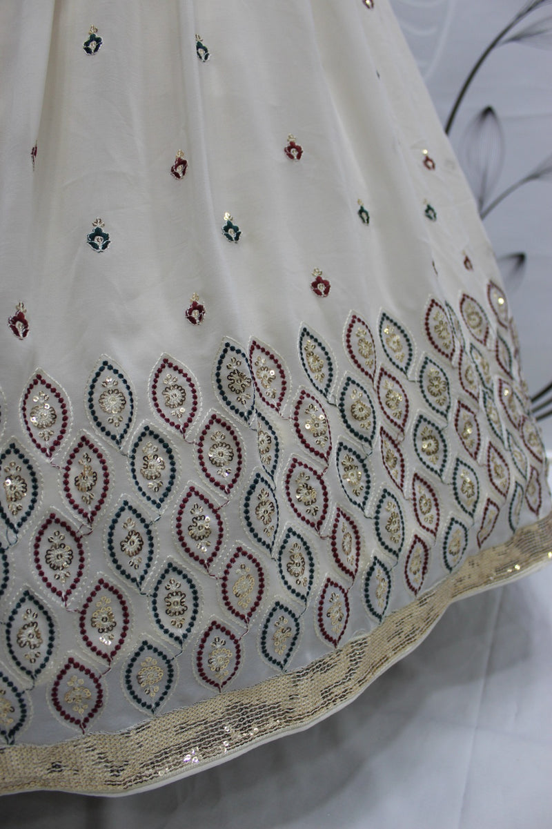 Cream Embroidery And Sequin Semi Stitched Lehenga