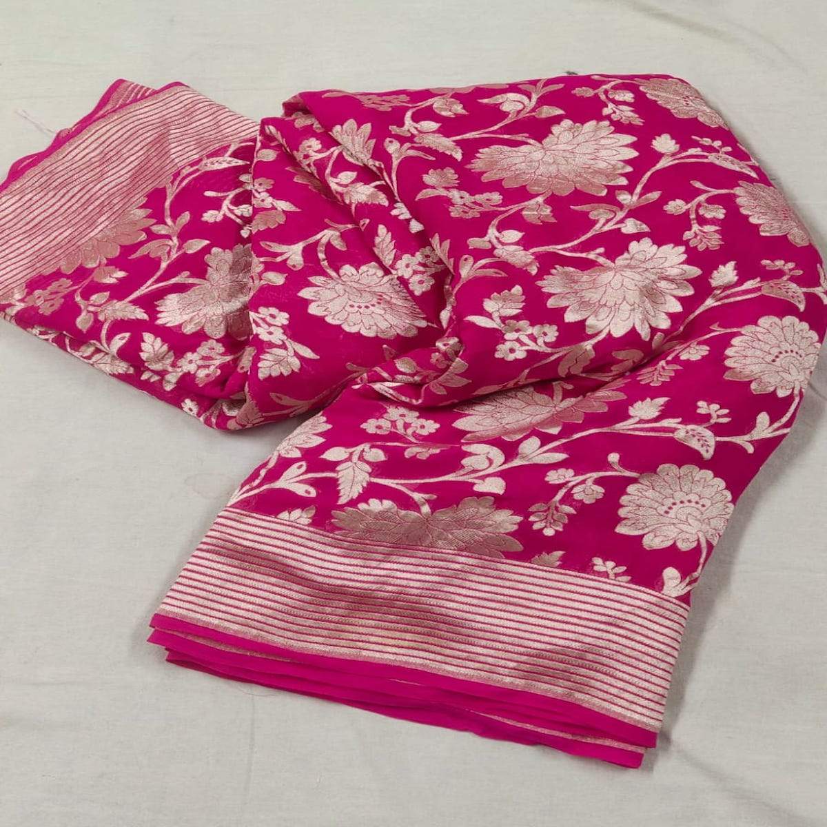 Dark Pink Banarasi Saree With Flower Jaal - jhakhas.com