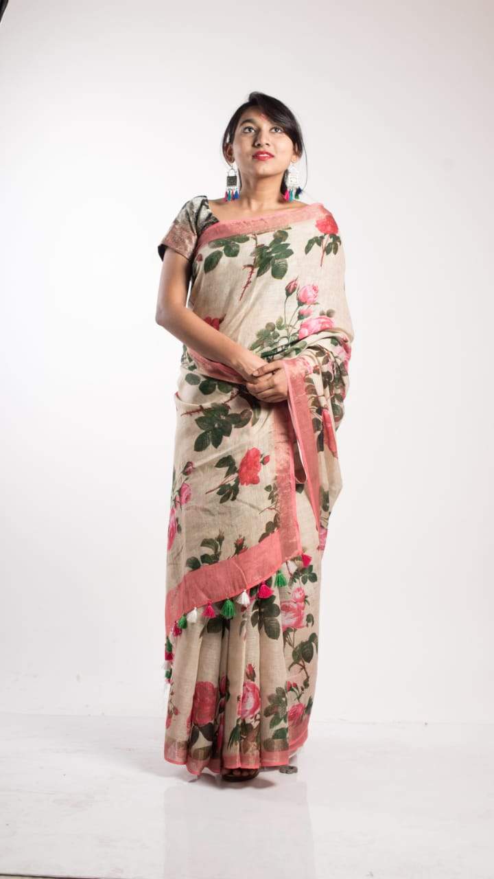 Digital Floral Print Linen Saree In Offwhite,Buy Digital Print Saree Online,Latest Printed Linen Saree At Affordable Rate