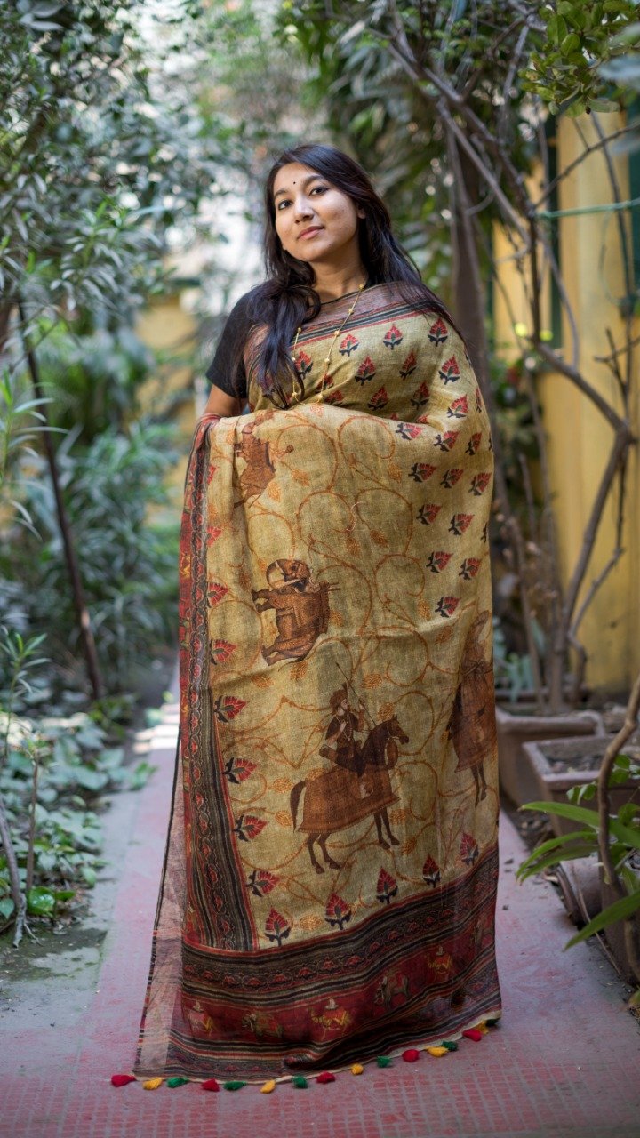 Linen Saree Digital Print In Brown,Buy Digital Print Saree Online,Latest Printed Linen Saree At Affordable Rate