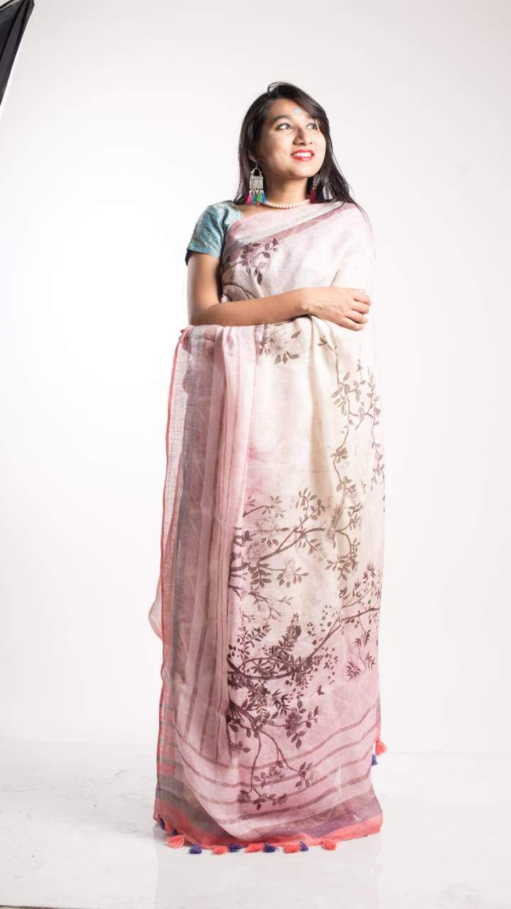 Floral Digital Print Linen Saree In Babypink,Latest Digital Print Saree ,Shop Floral Print Saree Best Rates