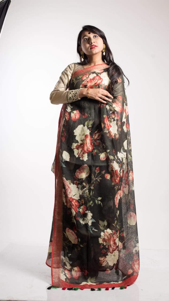 Floral Digital Print Linen Saree In Black Color,Buy Digital Print Saree Online,Latest Printed Linen Saree At Affordable Rate