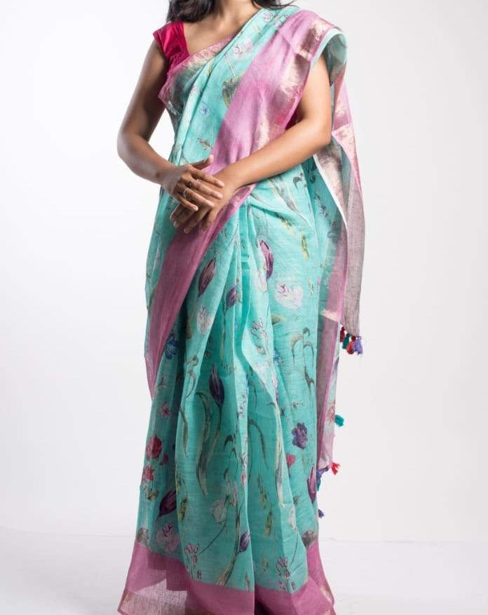 Floral Digital Print Linen Saree In Sky Blue,Buy Digital Print Saree Online,Latest Printed Linen Saree At Affordable Rate
